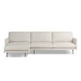 A minimalist form to redefine the contemporary sectional. Made from light, neutral high-performance with a slim profile, expert tailoring and plush cushions for comfort. Sleek metal legs and compact sizing make this piece a versatile anchor for smaller living spaces. Amethyst Home provides interior design, new home construction design consulting, vintage area rugs, and lighting in the Houston metro area.