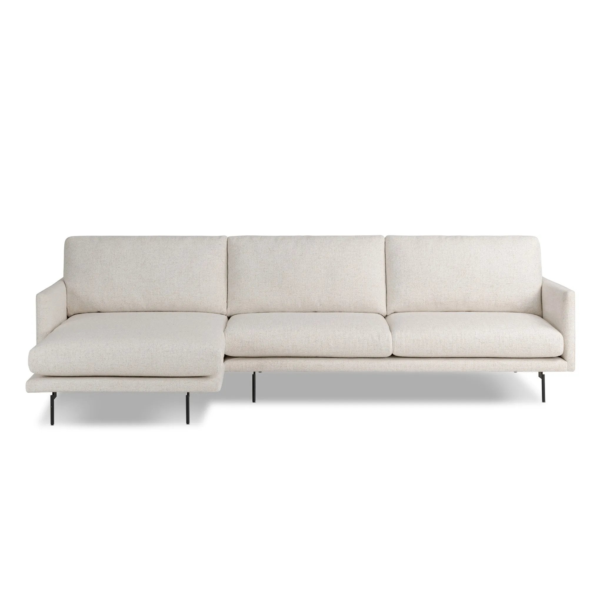 A minimalist form to redefine the contemporary sectional. Made from light, neutral high-performance with a slim profile, expert tailoring and plush cushions for comfort. Sleek metal legs and compact sizing make this piece a versatile anchor for smaller living spaces. Amethyst Home provides interior design, new home construction design consulting, vintage area rugs, and lighting in the Houston metro area.