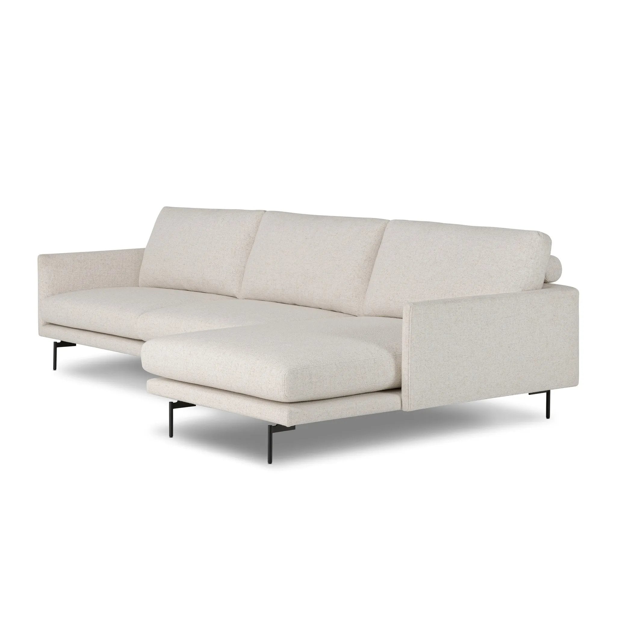 A minimalist form to redefine the contemporary sectional. Made from light, neutral high-performance with a slim profile, expert tailoring and plush cushions for comfort. Sleek metal legs and compact sizing make this piece a versatile anchor for smaller living spaces. Amethyst Home provides interior design, new home construction design consulting, vintage area rugs, and lighting in the Miami metro area.