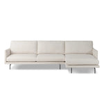 A minimalist form to redefine the contemporary sectional. Made from light, neutral high-performance with a slim profile, expert tailoring and plush cushions for comfort. Sleek metal legs and compact sizing make this piece a versatile anchor for smaller living spaces. Amethyst Home provides interior design, new home construction design consulting, vintage area rugs, and lighting in the Washington metro area.