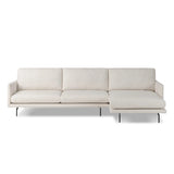 A minimalist form to redefine the contemporary sectional. Made from light, neutral high-performance with a slim profile, expert tailoring and plush cushions for comfort. Sleek metal legs and compact sizing make this piece a versatile anchor for smaller living spaces. Amethyst Home provides interior design, new home construction design consulting, vintage area rugs, and lighting in the Washington metro area.