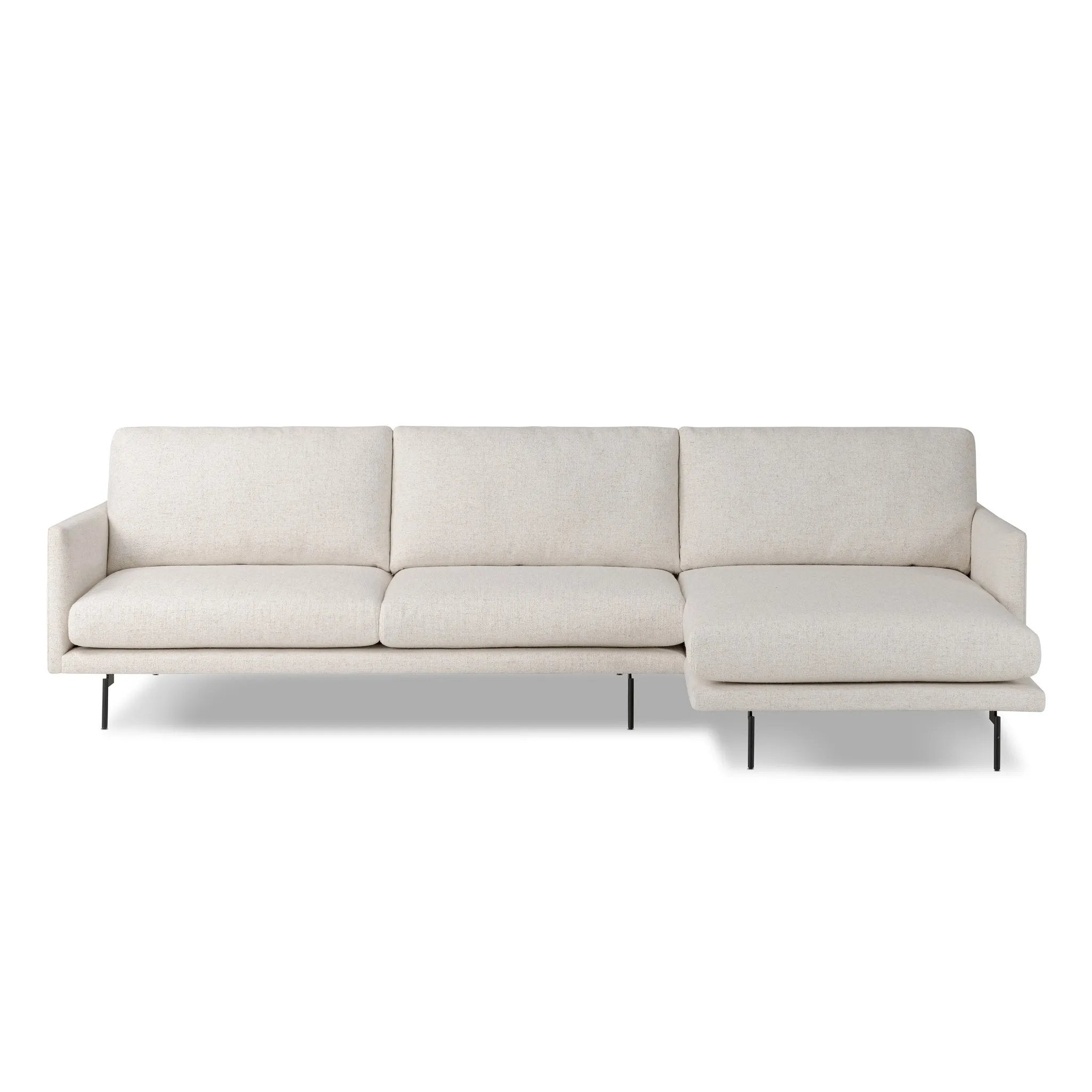 A minimalist form to redefine the contemporary sectional. Made from light, neutral high-performance with a slim profile, expert tailoring and plush cushions for comfort. Sleek metal legs and compact sizing make this piece a versatile anchor for smaller living spaces. Amethyst Home provides interior design, new home construction design consulting, vintage area rugs, and lighting in the Washington metro area.