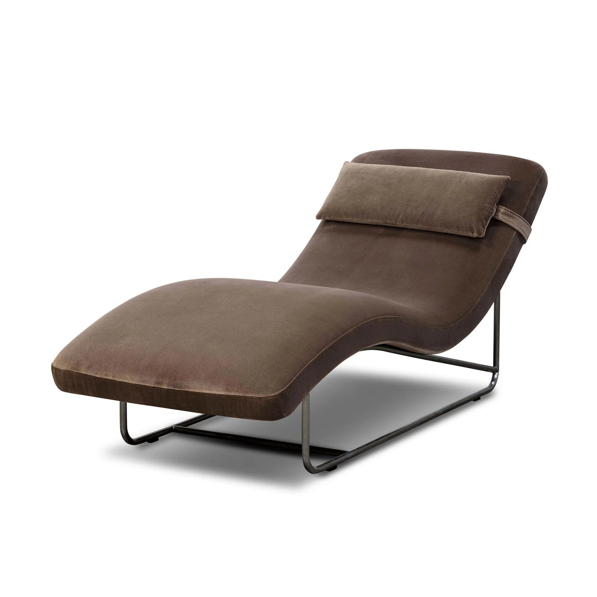 Contoured for comfort, this minimalist chaise is fixed with ideal ergonomics so you can simply sit back and unwind. Inspired by 1960s European design, the chaise blends a utilitarian aesthetic with high-quality tufting, stainless-steel framing, and smooth upholstery. The adjustable headrest is secured by a metal closure and magnetic strip. Amethyst Home provides interior design, new home construction design consulting, vintage area rugs, and lighting in the Alpharetta metro area.
