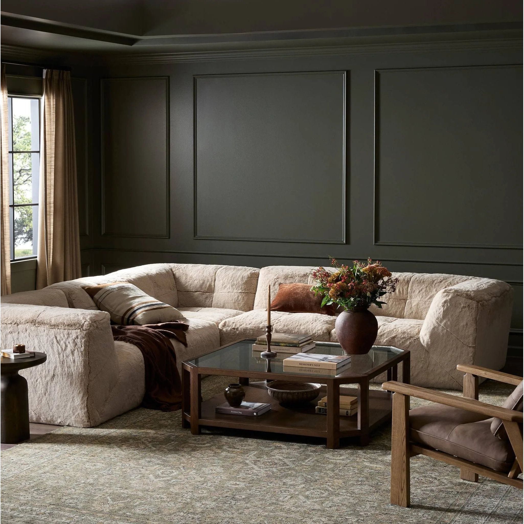 Modularity at its best — and comfiest. Five piece sectional covered in a plush fabric that's luxuriously soft to the touch Amethyst Home provides interior design, new home construction design consulting, vintage area rugs, and lighting in the Portland metro area.
