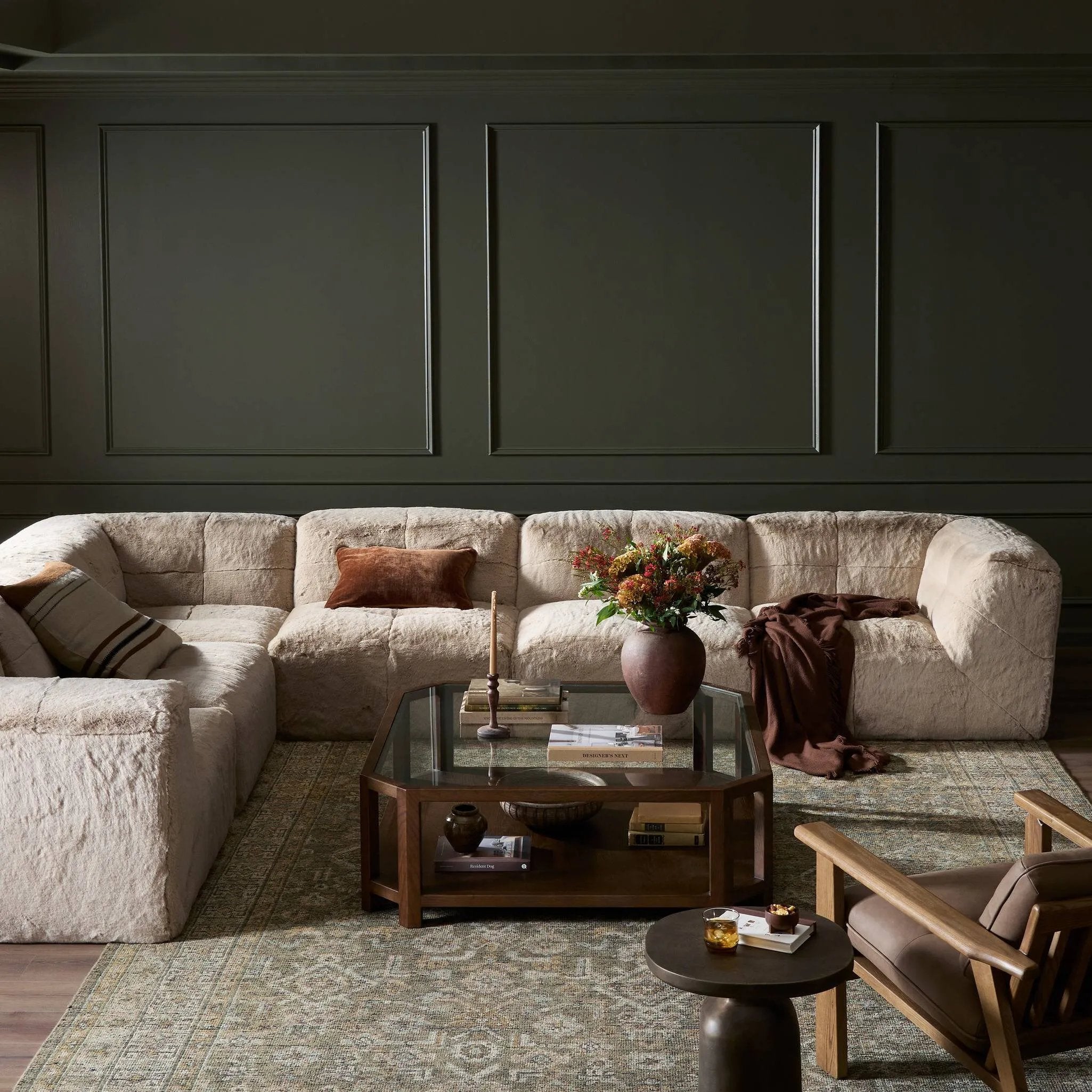 Modularity at its best — and comfiest. Six piece sectional covered in a plush fabric that's luxuriously soft to the touch Amethyst Home provides interior design, new home construction design consulting, vintage area rugs, and lighting in the Laguna Beach metro area.