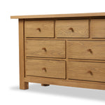 Drawing inspiration from a vintage general store counter, a storage-driven dresser reflects traditional and functional design. Thick oak legs with softened corners provide sturdy support, while oak knobs add a classic touch. An inset tray top and a versatile drawer configuration offer ample storage Amethyst Home provides interior design, new home construction design consulting, vintage area rugs, and lighting in the Nashville metro area.