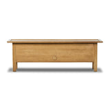 Featuring Millbrook Natural Light Oak Media Console by Four Hands at Amethyst Home. Inspired by a vintage general store counter, this console table features a heritage design with a modern twist. Thick oak legs with softened corners provide sturdy support, while oak knobs add a touch of classic charm. The inset tray top and varied drawer configuration offer. Amethyst Home provides interior design, new home construction design consulting, vintage area rugs, and lighting in the Calabasas metro area.