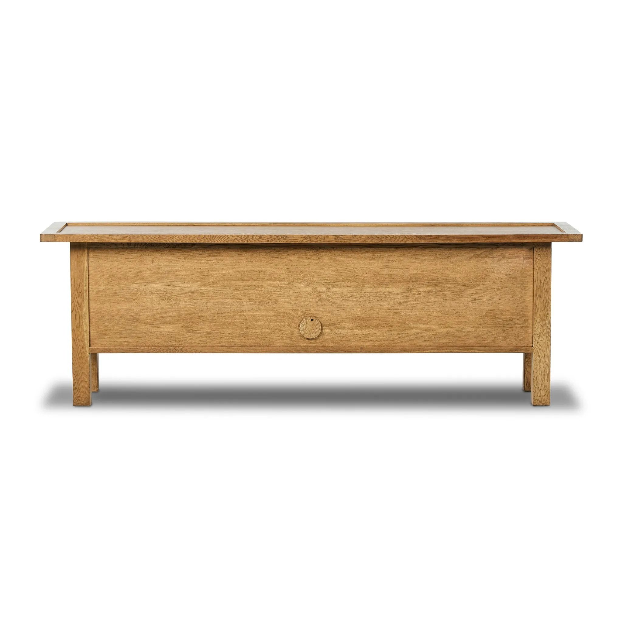 Featuring Millbrook Natural Light Oak Media Console by Four Hands at Amethyst Home. Inspired by a vintage general store counter, this console table features a heritage design with a modern twist. Thick oak legs with softened corners provide sturdy support, while oak knobs add a touch of classic charm. The inset tray top and varied drawer configuration offer. Amethyst Home provides interior design, new home construction design consulting, vintage area rugs, and lighting in the Calabasas metro area.
