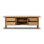 Featuring Millbrook Natural Light Oak Media Console by Four Hands at Amethyst Home. Inspired by a vintage general store counter, this console table features a heritage design with a modern twist. Thick oak legs with softened corners provide sturdy support, while oak knobs add a touch of classic charm. The inset tray top and varied drawer configuration offer. Amethyst Home provides interior design, new home construction design consulting, vintage area rugs, and lighting in the Nashville metro area.