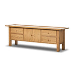Featuring Millbrook Natural Light Oak Media Console by Four Hands at Amethyst Home. Inspired by a vintage general store counter, this console table features a heritage design with a modern twist. Thick oak legs with softened corners provide sturdy support, while oak knobs add a touch of classic charm. The inset tray top and varied drawer configuration offer amp. Amethyst Home provides interior design, new home construction design consulting, vintage area rugs, and lighting in the Omaha metro area.