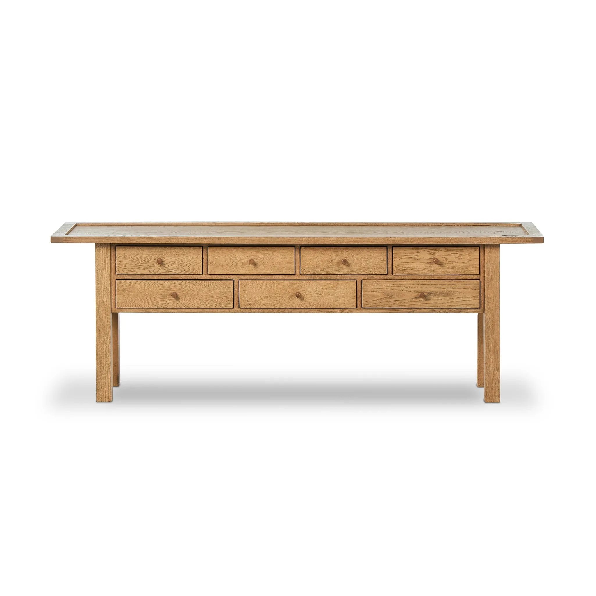 Featuring Millbrook Natural Light Oak Veneer Console Table by Four Hands at Amethyst Home. Inspired by a vintage general store counter, this console table features a heritage design with a modern twist. Thick oak legs with softened corners provide sturdy support, while oak knobs add a touch of classic charm. The inset tray top and varied drawer configuration o. Amethyst Home provides interior design, new home construction design consulting, vintage area rugs, and lighting in the Dallas metro area.