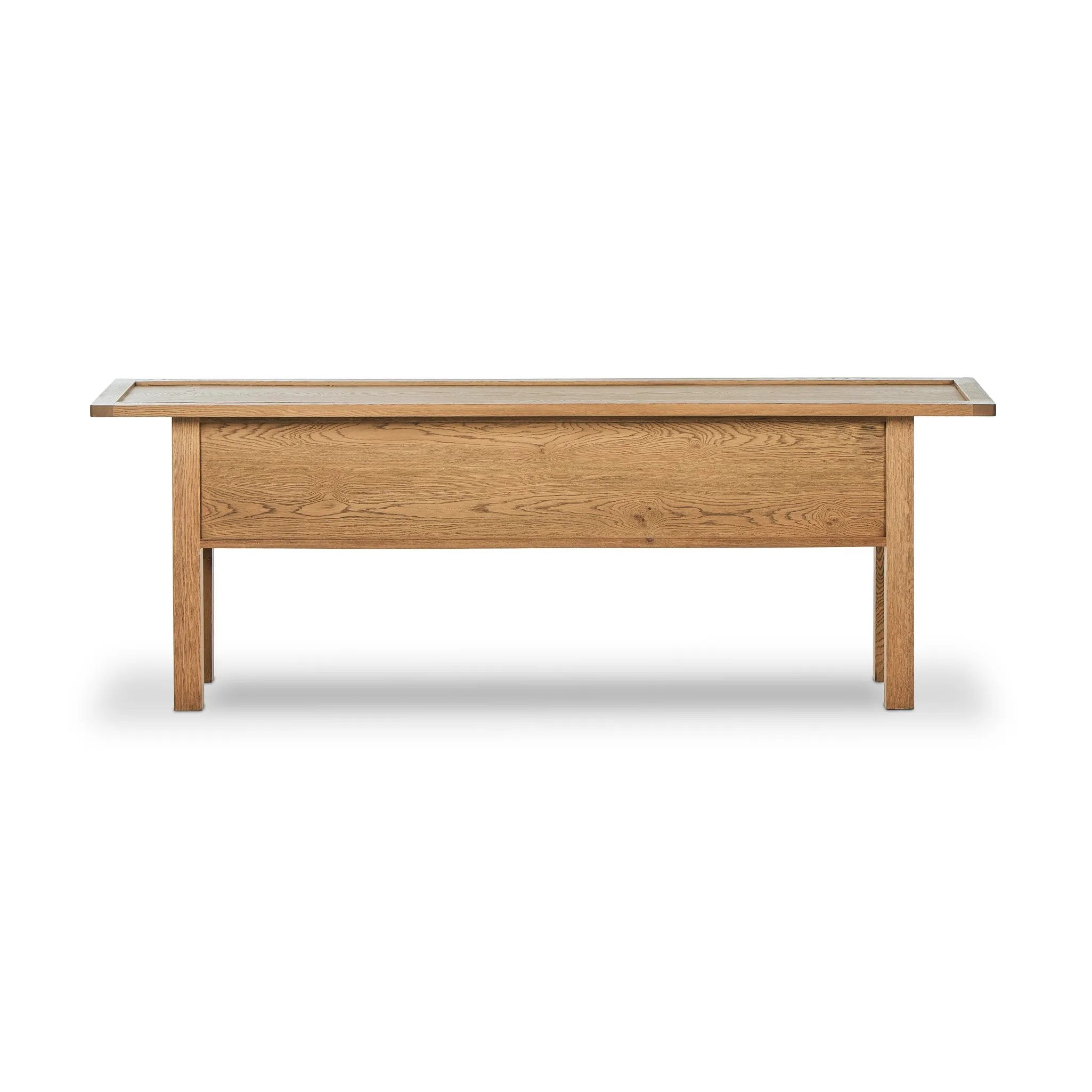 Featuring Millbrook Natural Light Oak Veneer Console Table by Four Hands at Amethyst Home. Inspired by a vintage general store counter, this console table features a heritage design with a modern twist. Thick oak legs with softened corners provide sturdy support, while oak knobs add a touch of classic charm. The inset tray top and varied drawer configuration of. Amethyst Home provides interior design, new home construction design consulting, vintage area rugs, and lighting in the Miami metro area.