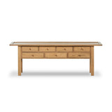 Featuring Millbrook Natural Light Oak Veneer Console Table by Four Hands at Amethyst Home. Inspired by a vintage general store counter, this console table features a heritage design with a modern twist. Thick oak legs with softened corners provide sturdy support, while oak knobs add a touch of classic charm. The inset tray top and varied drawer configuration. Amethyst Home provides interior design, new home construction design consulting, vintage area rugs, and lighting in the Portland metro area.