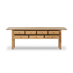 Featuring Millbrook Natural Light Oak Veneer Console Table by Four Hands at Amethyst Home. Inspired by a vintage general store counter, this console table features a heritage design with a modern twist. Thick oak legs with softened corners provide sturdy support, while oak knobs add a touch of classic charm. The inset tray top and varied drawer configu. Amethyst Home provides interior design, new home construction design consulting, vintage area rugs, and lighting in the Salt Lake City metro area.