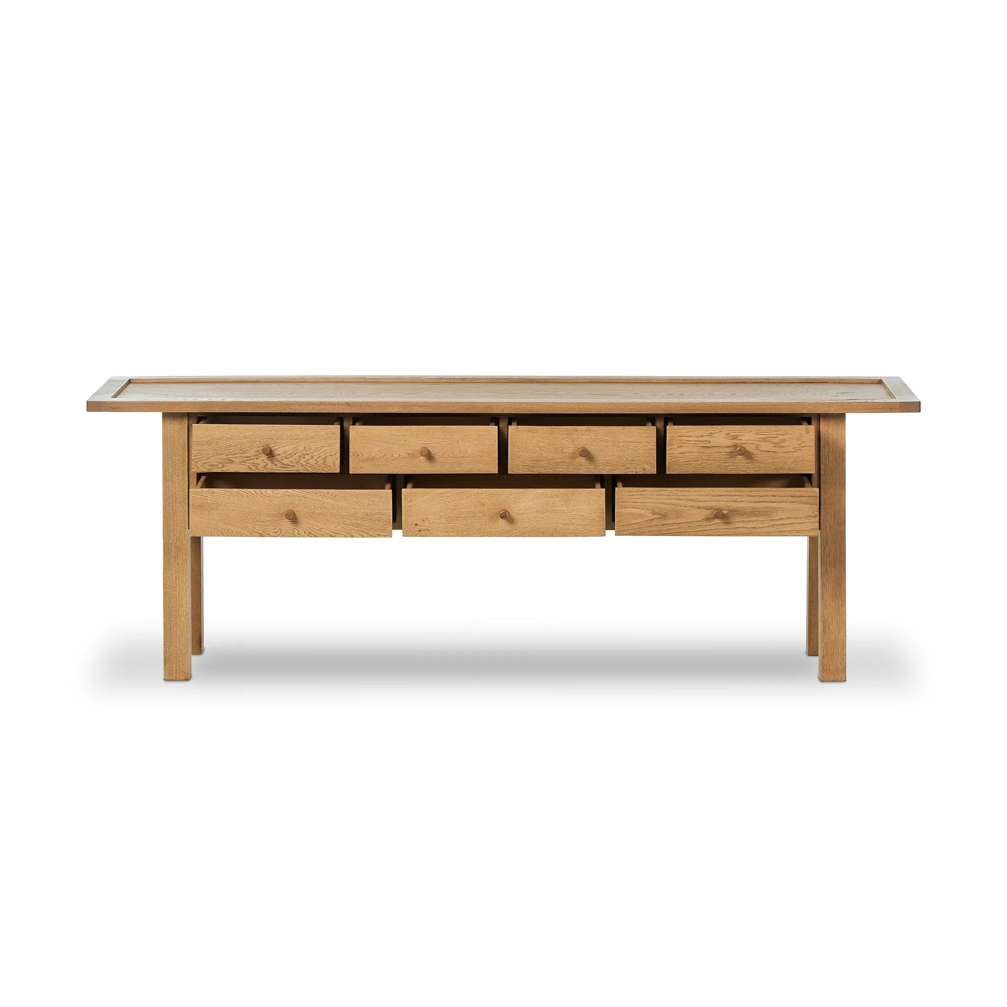 Featuring Millbrook Natural Light Oak Veneer Console Table by Four Hands at Amethyst Home. Inspired by a vintage general store counter, this console table features a heritage design with a modern twist. Thick oak legs with softened corners provide sturdy support, while oak knobs add a touch of classic charm. The inset tray top and varied drawer configu. Amethyst Home provides interior design, new home construction design consulting, vintage area rugs, and lighting in the Salt Lake City metro area.