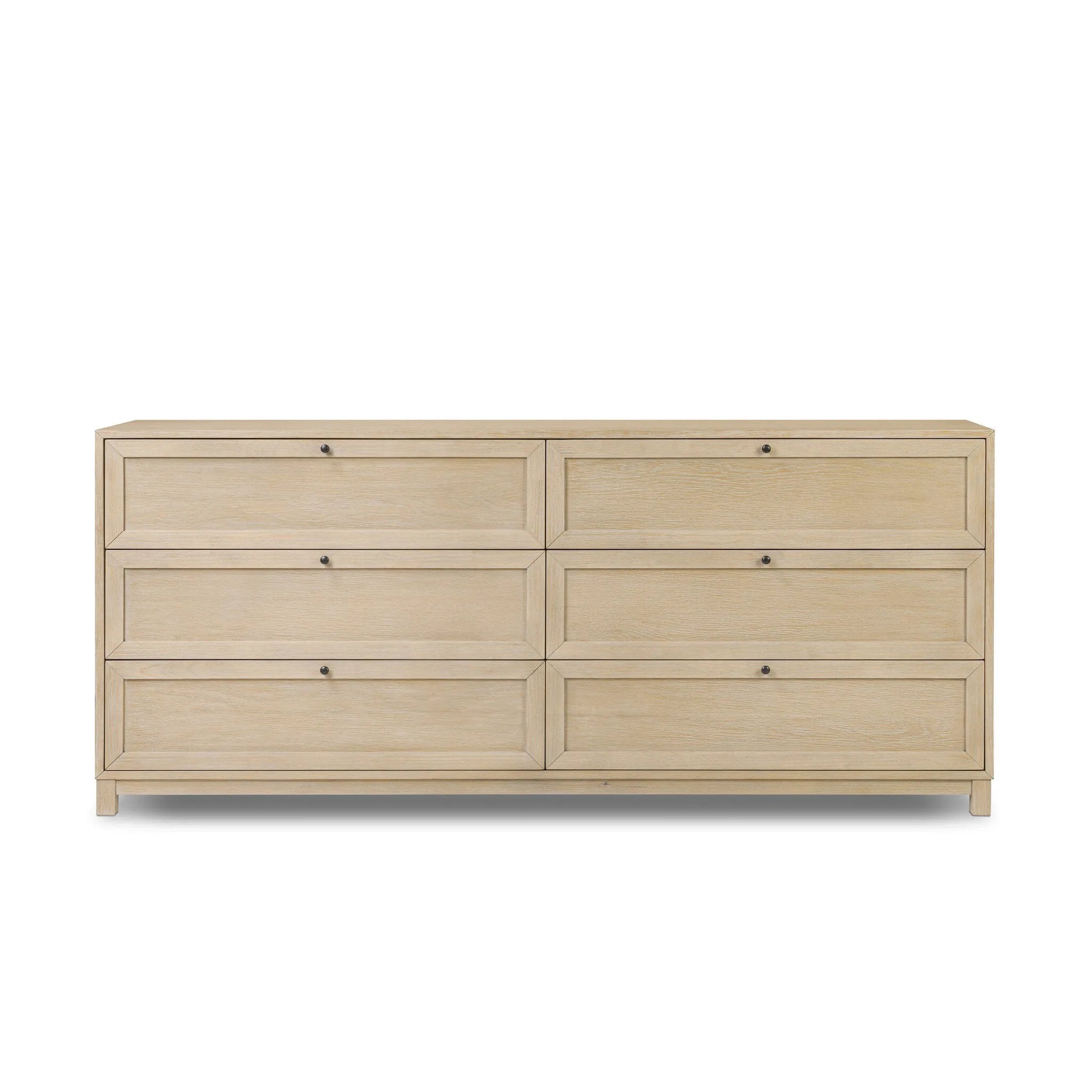 Featuring six spacious drawers with smooth fronts fixed with matching knobs, this light oak veneer dresser brings spacious storage to the room. This item has been modified to comply with the STURDY Act. See a full list of modified products and data changes in the “STURDY Act” file in the Downloads section below Amethyst Home provides interior design, new home construction design consulting, vintage area rugs, and lighting in the Monterey metro area.