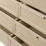 Featuring six spacious drawers with smooth fronts fixed with matching knobs, this light oak veneer dresser brings spacious storage to the room. This item has been modified to comply with the STURDY Act. See a full list of modified products and data changes in the “STURDY Act” file in the Downloads section below Amethyst Home provides interior design, new home construction design consulting, vintage area rugs, and lighting in the Newport Beach metro area.