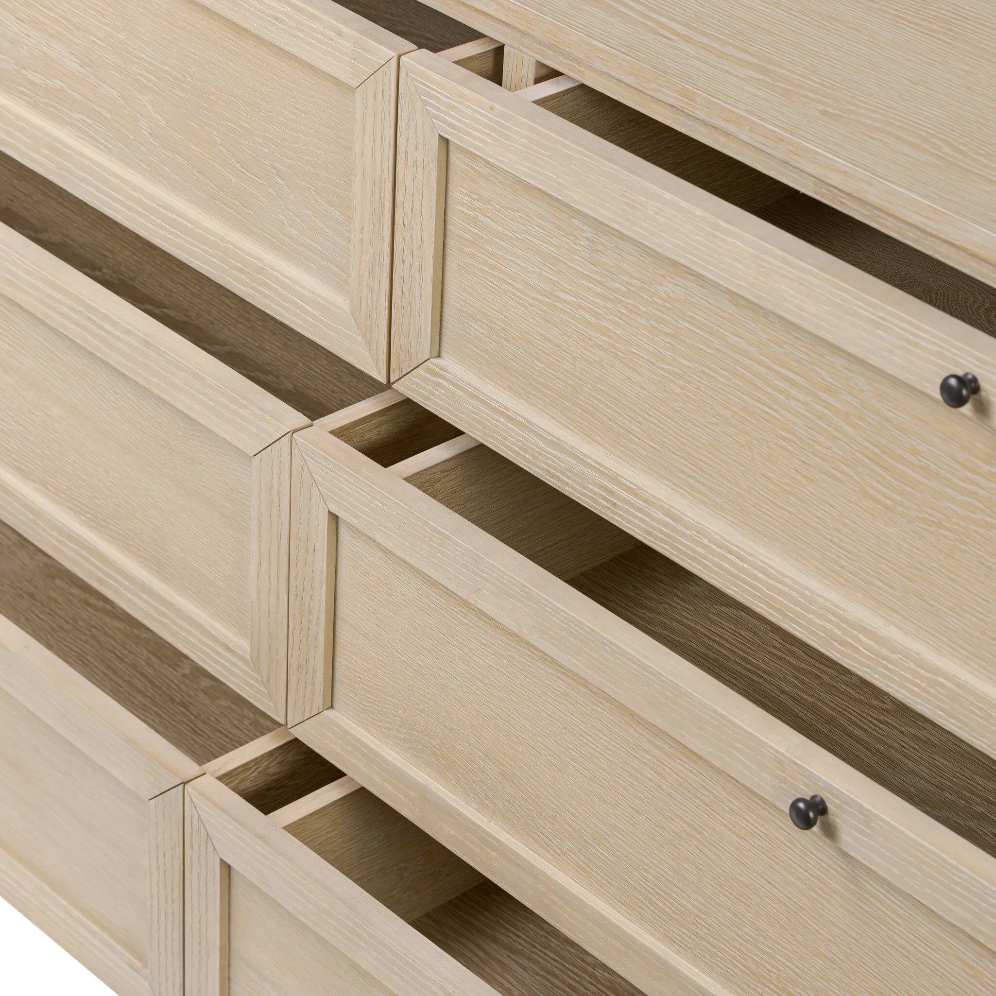 Featuring six spacious drawers with smooth fronts fixed with matching knobs, this light oak veneer dresser brings spacious storage to the room. This item has been modified to comply with the STURDY Act. See a full list of modified products and data changes in the “STURDY Act” file in the Downloads section below Amethyst Home provides interior design, new home construction design consulting, vintage area rugs, and lighting in the Newport Beach metro area.