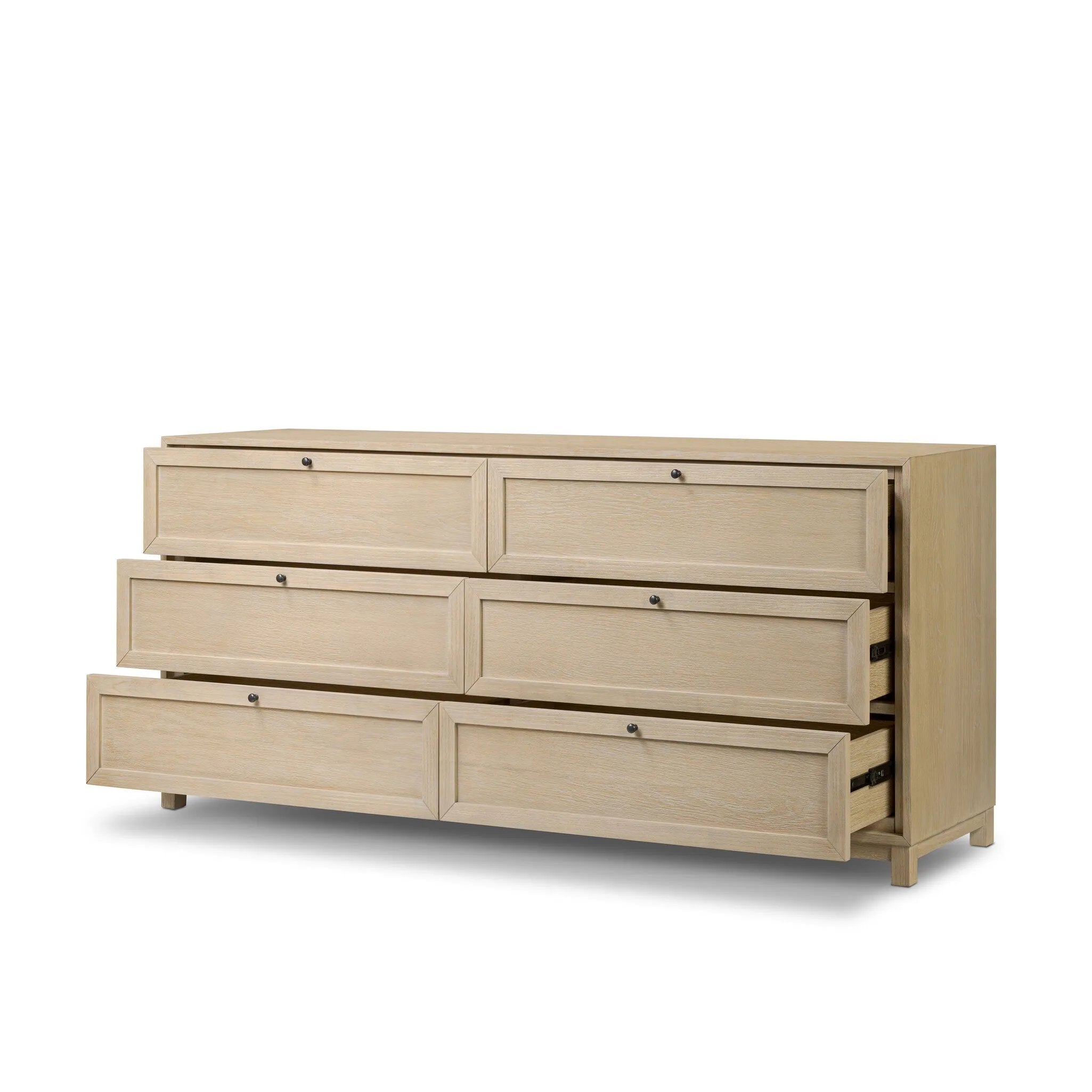 Featuring six spacious drawers with smooth fronts fixed with matching knobs, this light oak veneer dresser brings spacious storage to the room. This item has been modified to comply with the STURDY Act. See a full list of modified products and data changes in the “STURDY Act” file in the Downloads section below Amethyst Home provides interior design, new home construction design consulting, vintage area rugs, and lighting in the Washington metro area.