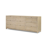 Featuring nine spacious drawers with smooth fronts fixed with matching knobs, this light oak veneer dresser brings spacious storage to the room. This item has been modified to comply with the STURDY Act. See a full list of modified products and data changes in the “STURDY Act” file in the Downloads section below Amethyst Home provides interior design, new home construction design consulting, vintage area rugs, and lighting in the Austin metro area.