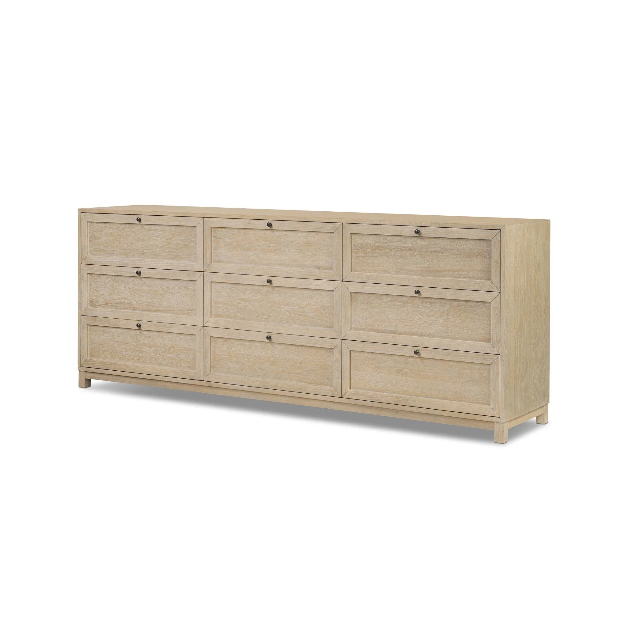 Featuring nine spacious drawers with smooth fronts fixed with matching knobs, this light oak veneer dresser brings spacious storage to the room. This item has been modified to comply with the STURDY Act. See a full list of modified products and data changes in the “STURDY Act” file in the Downloads section below Amethyst Home provides interior design, new home construction design consulting, vintage area rugs, and lighting in the Austin metro area.