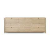 Featuring nine spacious drawers with smooth fronts fixed with matching knobs, this light oak veneer dresser brings spacious storage to the room. This item has been modified to comply with the STURDY Act. See a full list of modified products and data changes in the “STURDY Act” file in the Downloads section below Amethyst Home provides interior design, new home construction design consulting, vintage area rugs, and lighting in the San Diego metro area.