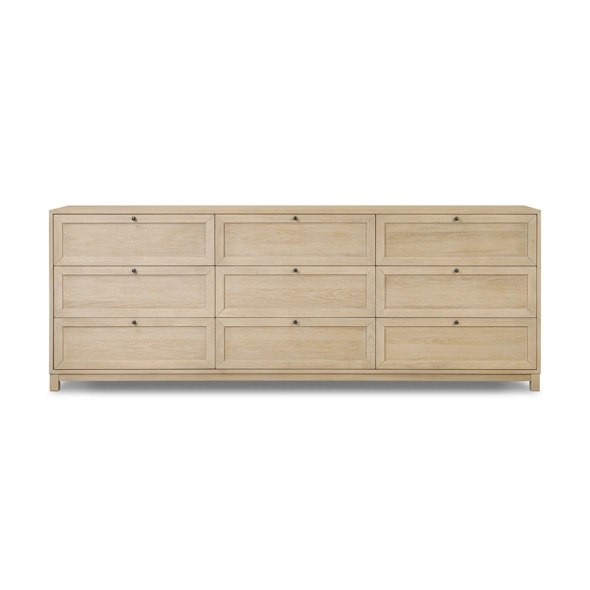 Featuring nine spacious drawers with smooth fronts fixed with matching knobs, this light oak veneer dresser brings spacious storage to the room. This item has been modified to comply with the STURDY Act. See a full list of modified products and data changes in the “STURDY Act” file in the Downloads section below Amethyst Home provides interior design, new home construction design consulting, vintage area rugs, and lighting in the San Diego metro area.