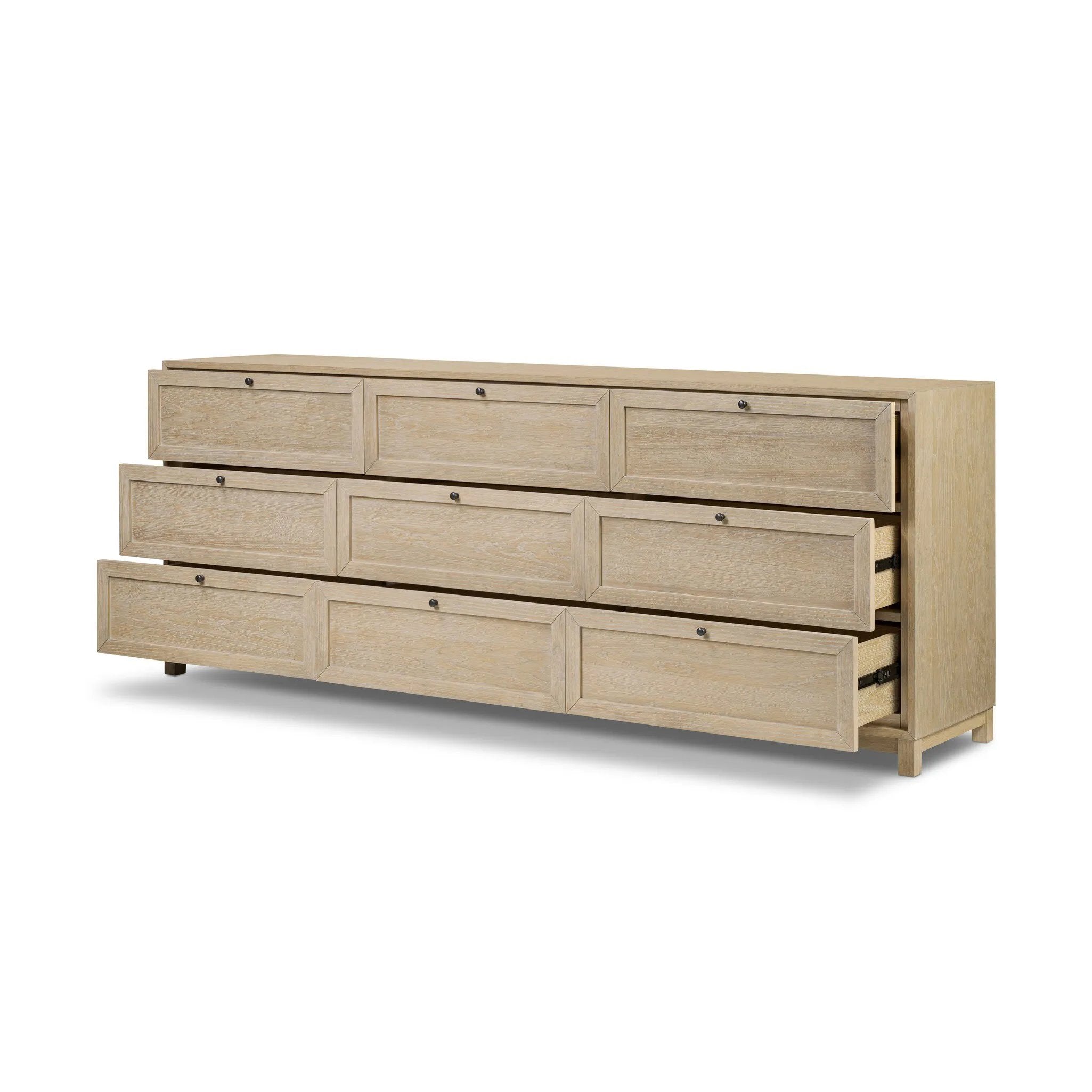 Featuring nine spacious drawers with smooth fronts fixed with matching knobs, this light oak veneer dresser brings spacious storage to the room. This item has been modified to comply with the STURDY Act. See a full list of modified products and data changes in the “STURDY Act” file in the Downloads section below Amethyst Home provides interior design, new home construction design consulting, vintage area rugs, and lighting in the Scottsdale metro area.