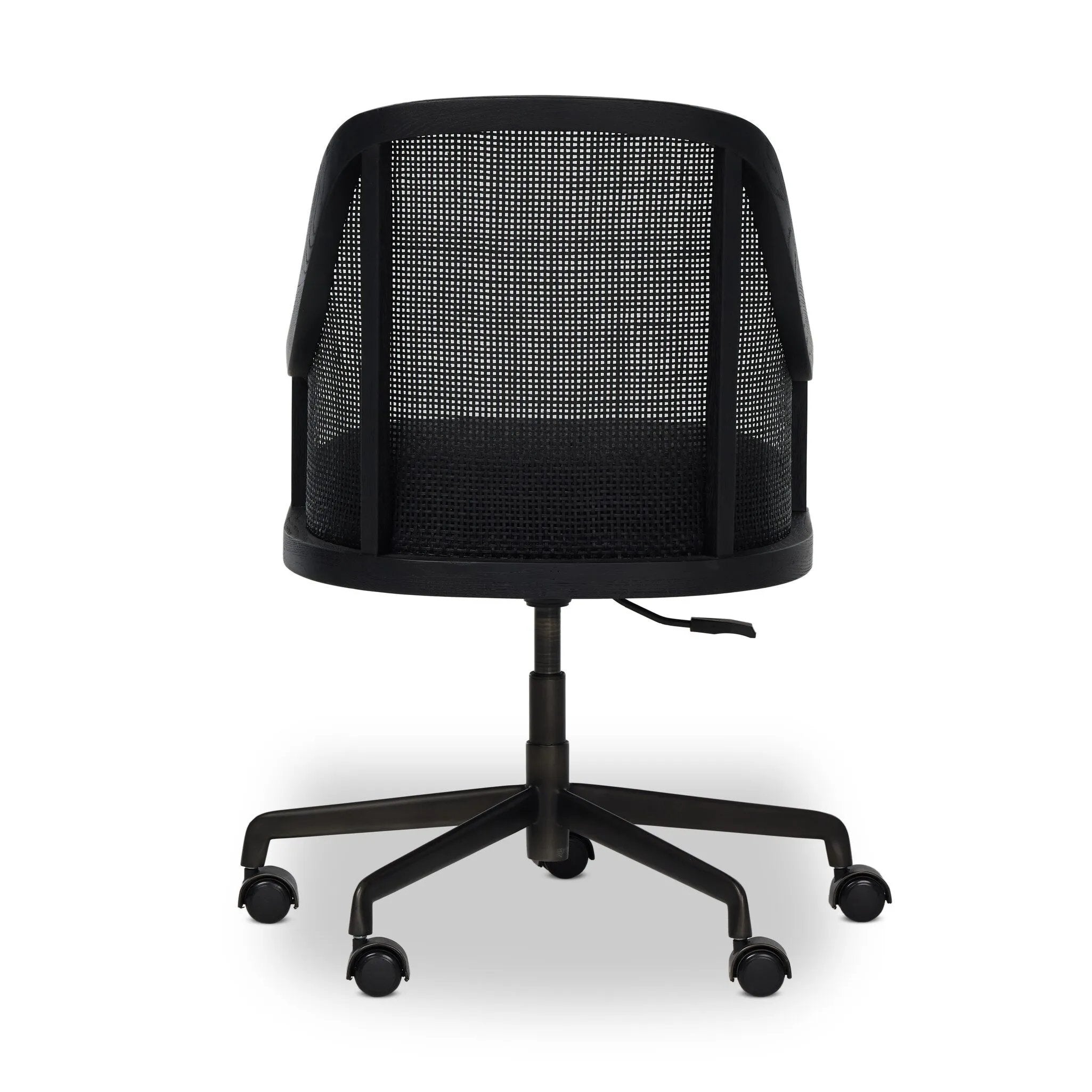 Contemporary details meet traditional design. Thin black oak frames a woven rattan back, offering an elevated take on the everyday desk chair.As fans of wabi sabi materials at Amethyst, we love the designer inspired Mischa Desk Chair. This item pairs well with other brands such as Visual Comfort and is perfect for minimalist homes Amethyst Home provides interior design, new home construction design consulting, vintage area rugs, and lighting in the Des Moines metro area.