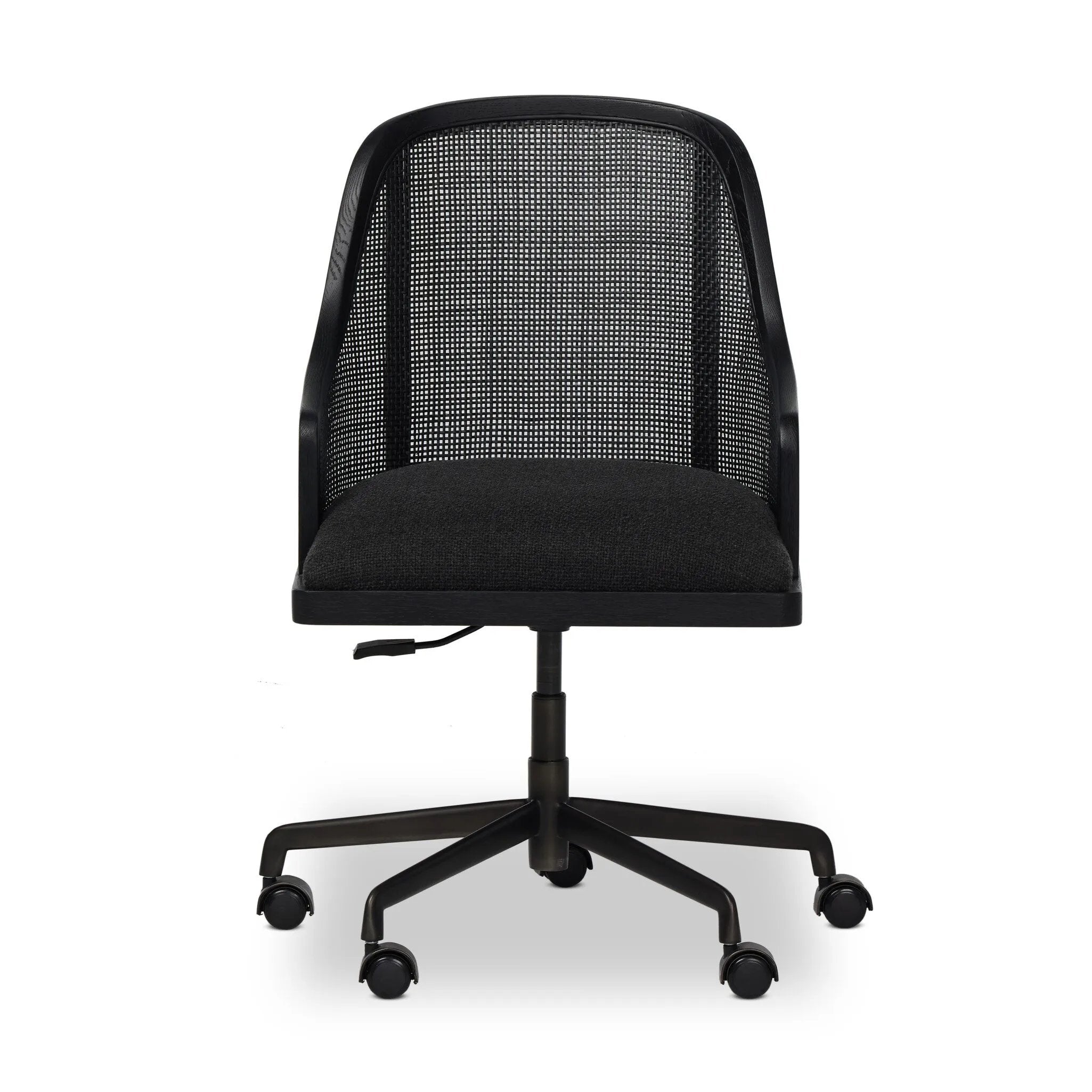 Contemporary details meet traditional design. Thin black oak frames a woven rattan back, offering an elevated take on the everyday desk chair.As fans of wabi sabi materials at Amethyst, we love the designer inspired Mischa Desk Chair. This item pairs well with other brands such as Visual Comfort and is perfect for minimalist homes Amethyst Home provides interior design, new home construction design consulting, vintage area rugs, and lighting in the Park City metro area.