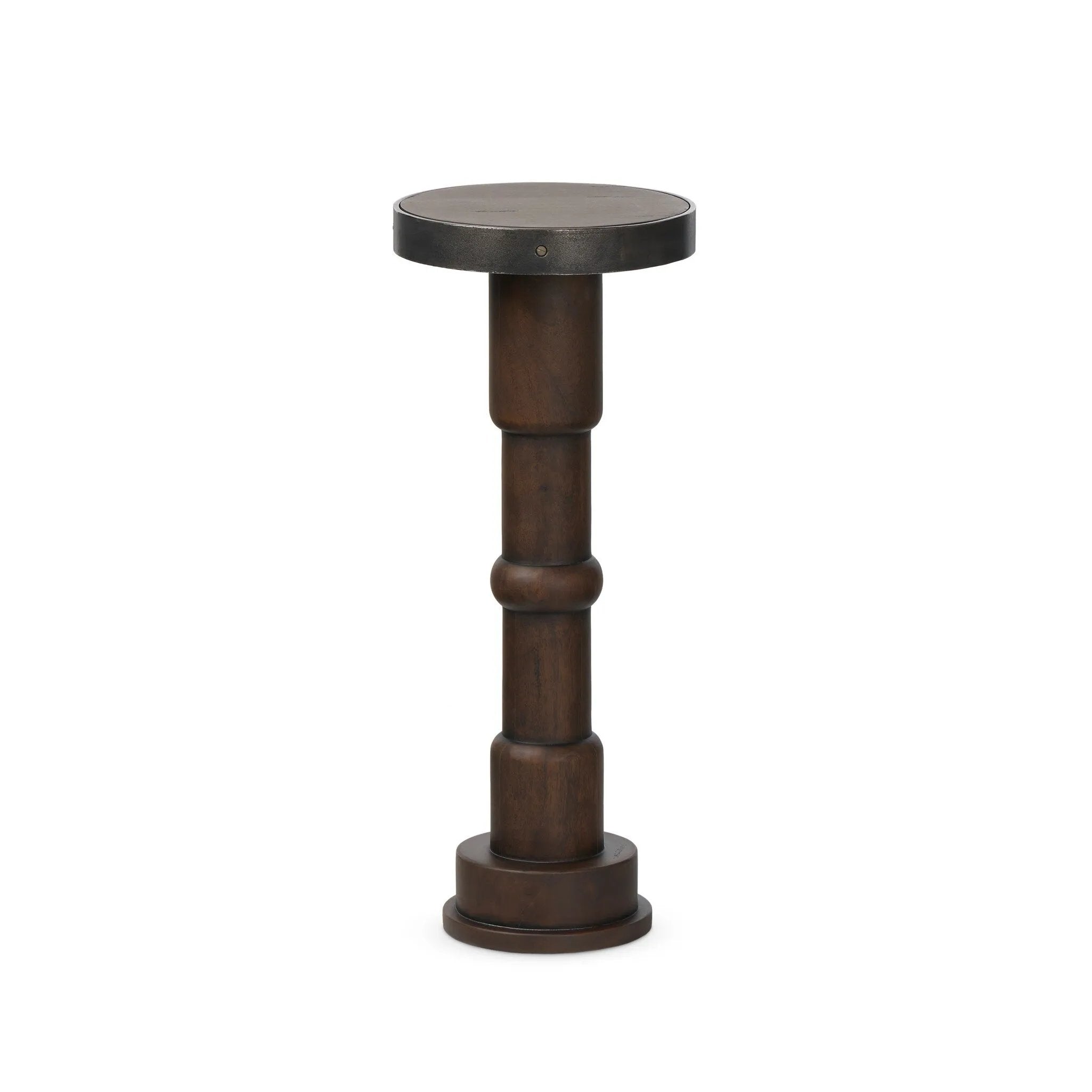 Crafted from mixed solid reclaimed woods with an aged finish, this modern-minded drink table works a handy extra surface into any room. With turned details on the post and a gunmetal-finished iron collars wrapping the top.As enthusiasts of wabi sabi style at Amethyst, we love the nature inspired Mizu End Table - Aged Belgium Bleach. Amethyst Home provides interior design, new home construction design consulting, vintage area rugs, and lighting in the Austin metro area.