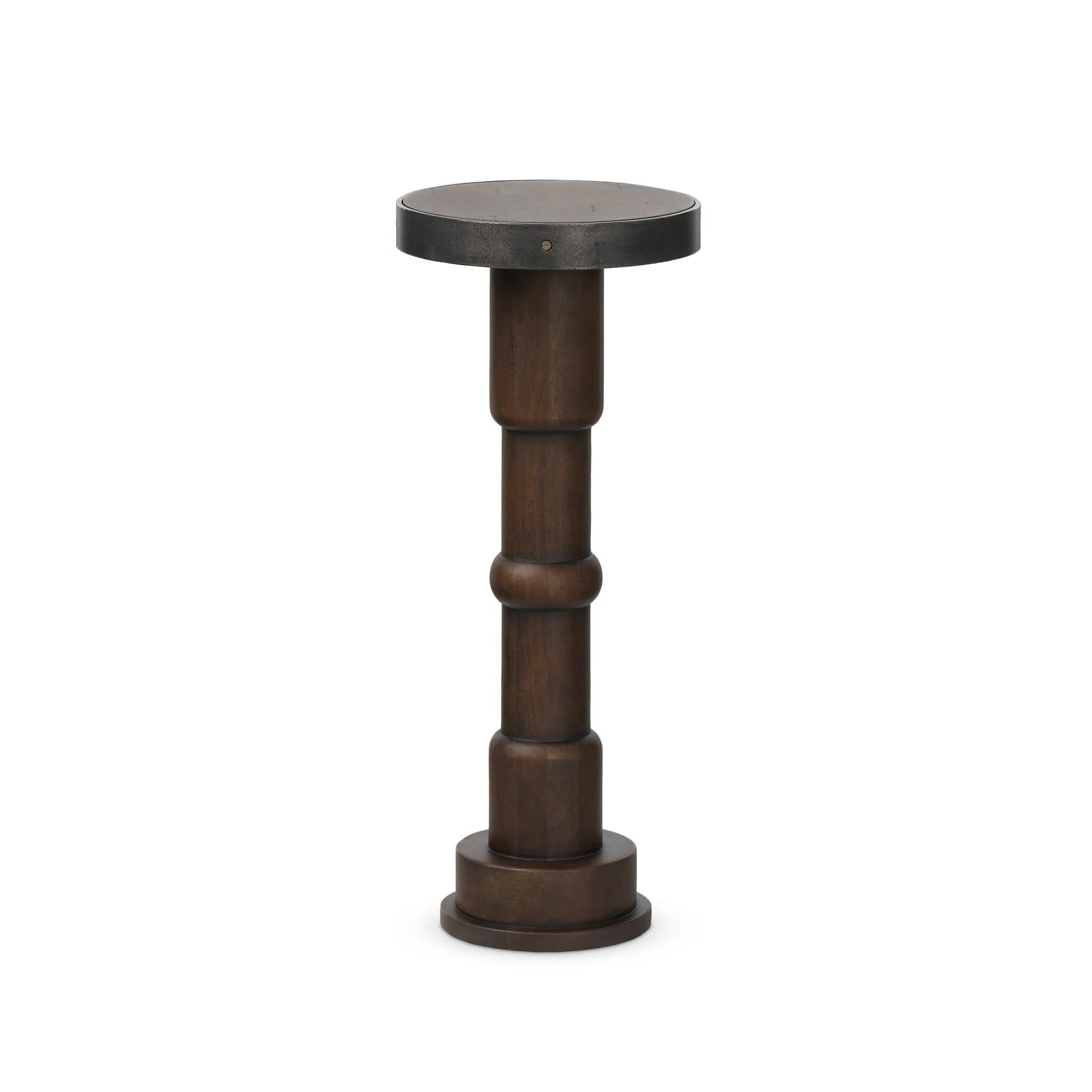 Crafted from mixed solid reclaimed woods with an aged finish, this modern-minded drink table works a handy extra surface into any room. With turned details on the post and a gunmetal-finished iron collars wrapping the top.As enthusiasts of wabi sabi style at Amethyst, we love the nature inspired Mizu End Table - Aged Belgium Bleach. Amethyst Home provides interior design, new home construction design consulting, vintage area rugs, and lighting in the Houston metro area.