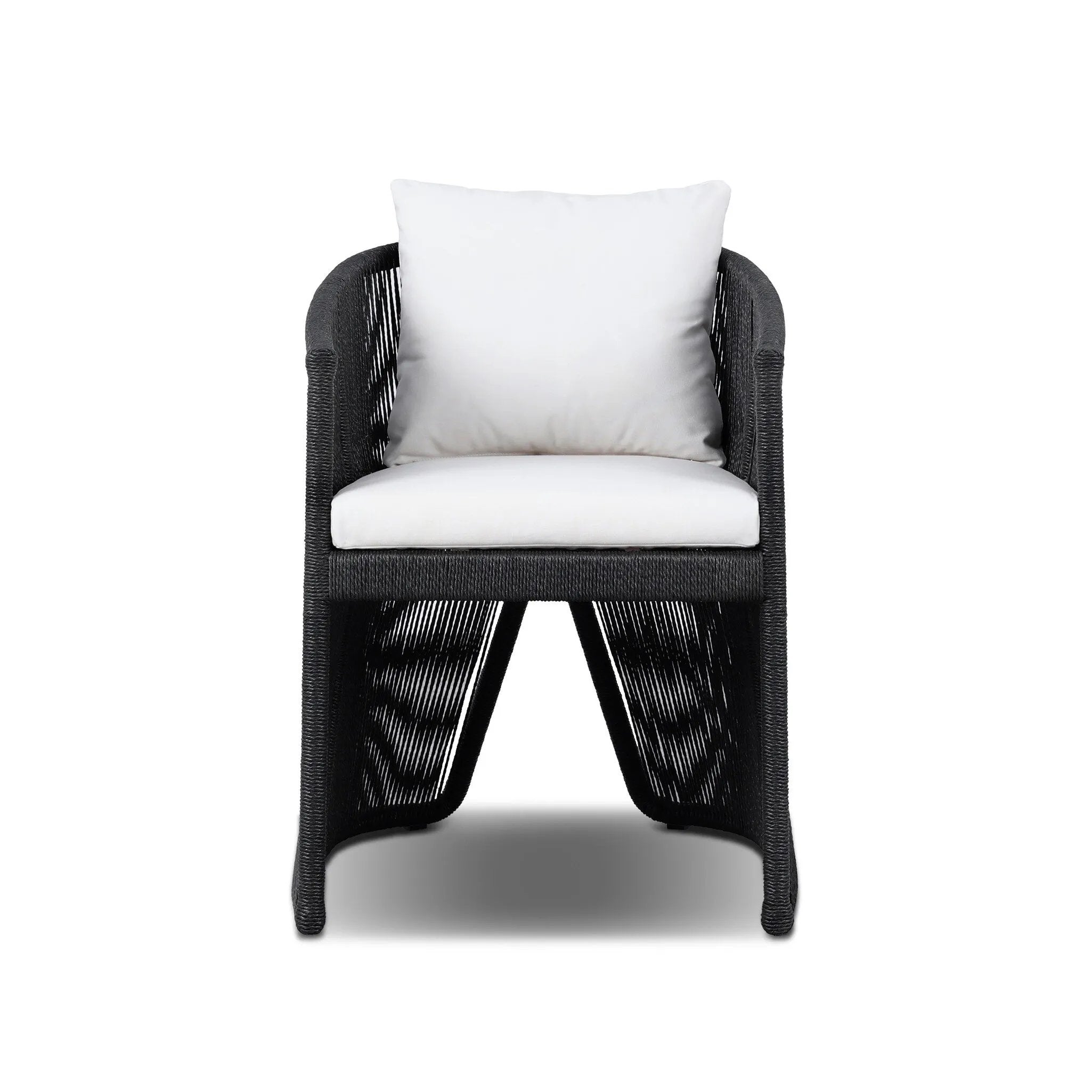 A stunning spot for outdoor daydreaming. The linear rope-based design on this beautifully woven outdoor dining chair is paired with clean curves. Designed with an angular cutout detail on back so the seat is stunning from all angles. Back and seat cushions are UV-resistant, water-repellent and quick-drying. Amethyst Home provides interior design, new home construction design consulting, vintage area rugs, and lighting in the Dallas metro area.