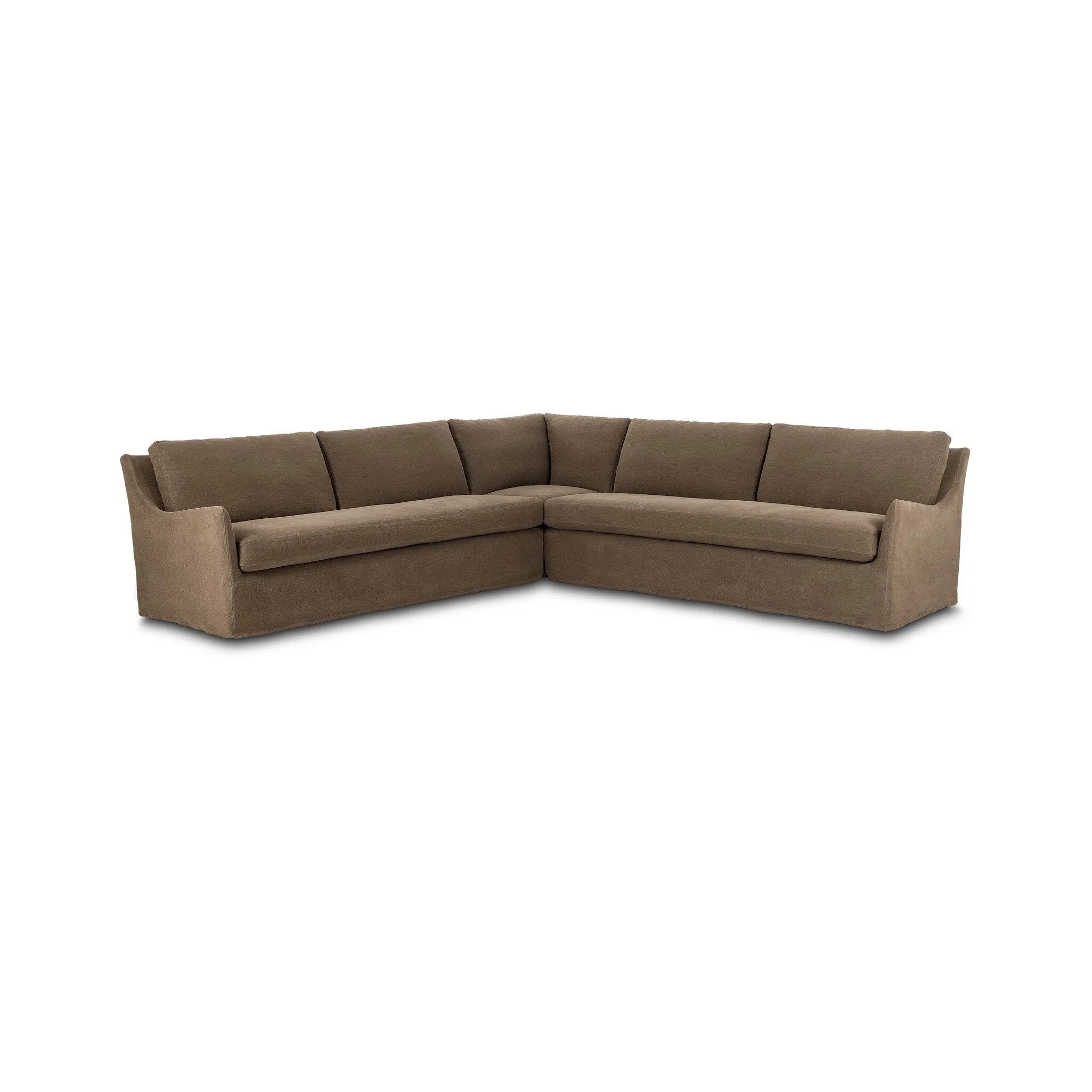 This three-piece sectional is defined by slightly sloping, flared arms and a floor-length slipcover. Finished in a soft, tight weave slipcover for a traditional style. Durable and soft to the touch, Libeco™-sourced linens are artisan-made and free of toxic chemicals. Slipcovered styles are fully removable and machine-washable for easy care Amethyst Home provides interior design, new home construction design consulting, vintage area rugs, and lighting in the Laguna Beach metro area.