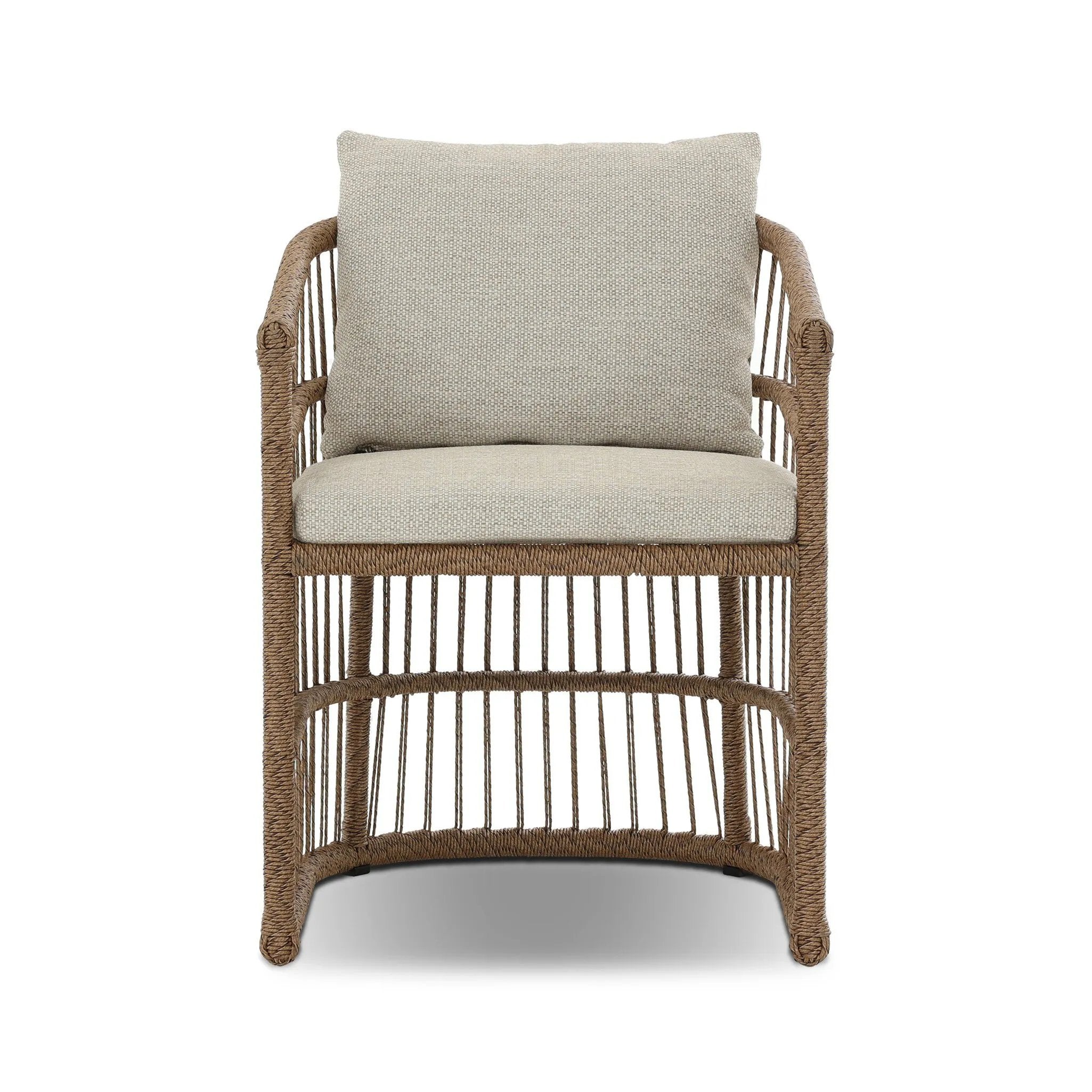 Cottage-inspired, faux hyacinth mimics its natural counterpart, with joint wrapping and texture for depth and character defining this outdoor dining chair. Varied proportion for dimension. Upholstered in a UV-resistant, water-repellent, quick-drying fabric. Cover or store indoors during inclement weather and when not in use Amethyst Home provides interior design, new home construction design consulting, vintage area rugs, and lighting in the Houston metro area.