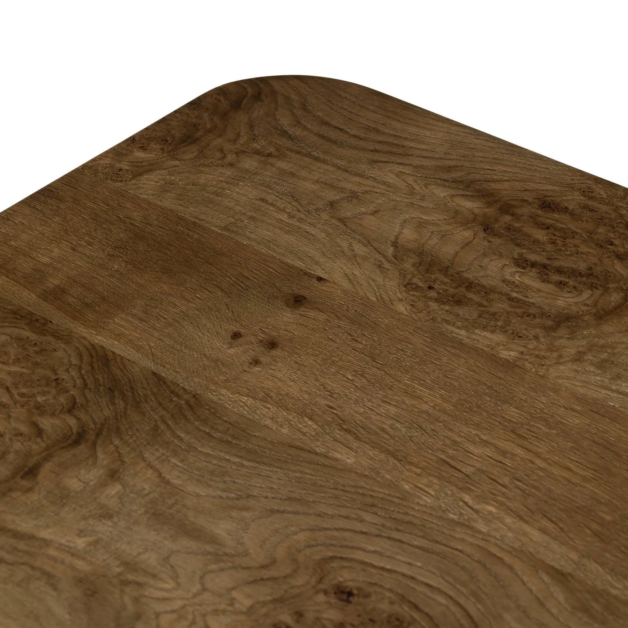 This monolithic piece features a grand plinth base, subtly rounded corners and bullnose edges. A mix of solid oak and oak veneer offers the best of both worlds: beautiful movement from the natural oak graining and added character from the burl veneer finish. Amethyst Home provides interior design, new home construction design consulting, vintage area rugs, and lighting in the Tampa metro area.