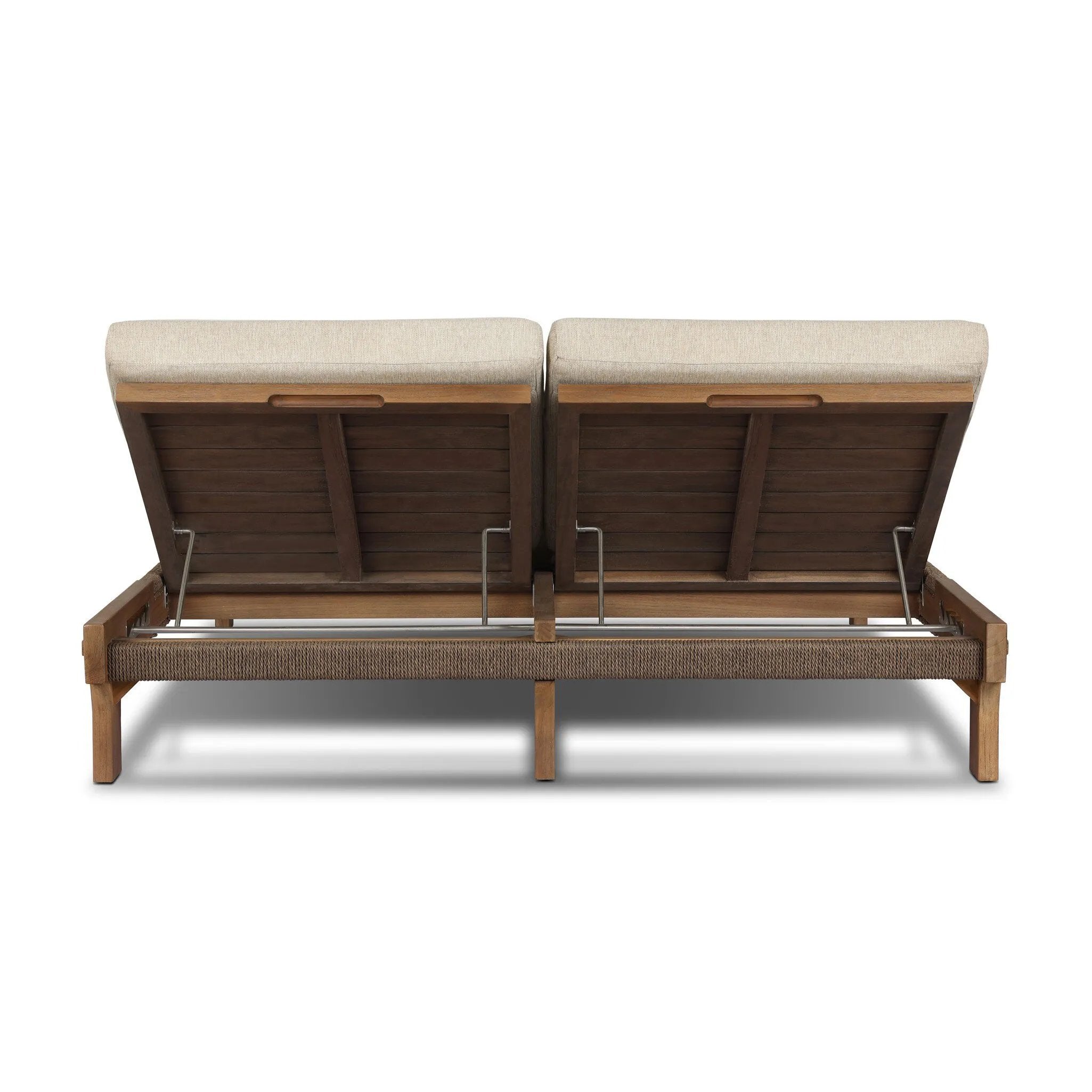 Create an outdoor space that transports you to far corners of the globe. Inspired by traditional daybeds found in Indonesia, this outdoor double chaise features a beautifully crafted frame made of FSC-certified solid teak with pull-through details and monochromatic weaving throughout. Amethyst Home provides interior design, new home construction design consulting, vintage area rugs, and lighting in the Omaha metro area.