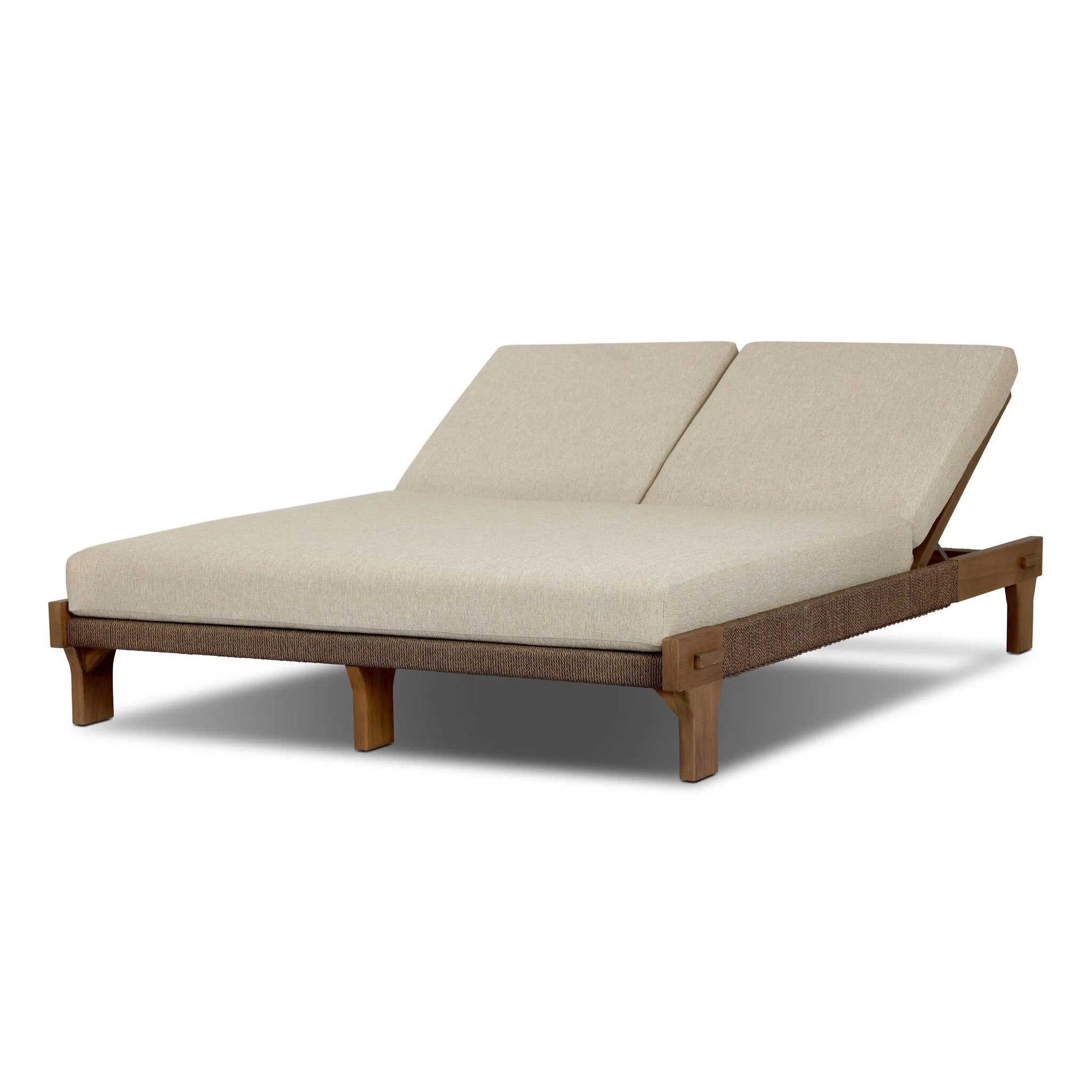 Create an outdoor space that transports you to far corners of the globe. Inspired by traditional daybeds found in Indonesia, this outdoor double chaise features a beautifully crafted frame made of FSC-certified solid teak with pull-through details and monochromatic weaving throughout. Amethyst Home provides interior design, new home construction design consulting, vintage area rugs, and lighting in the Tampa metro area.