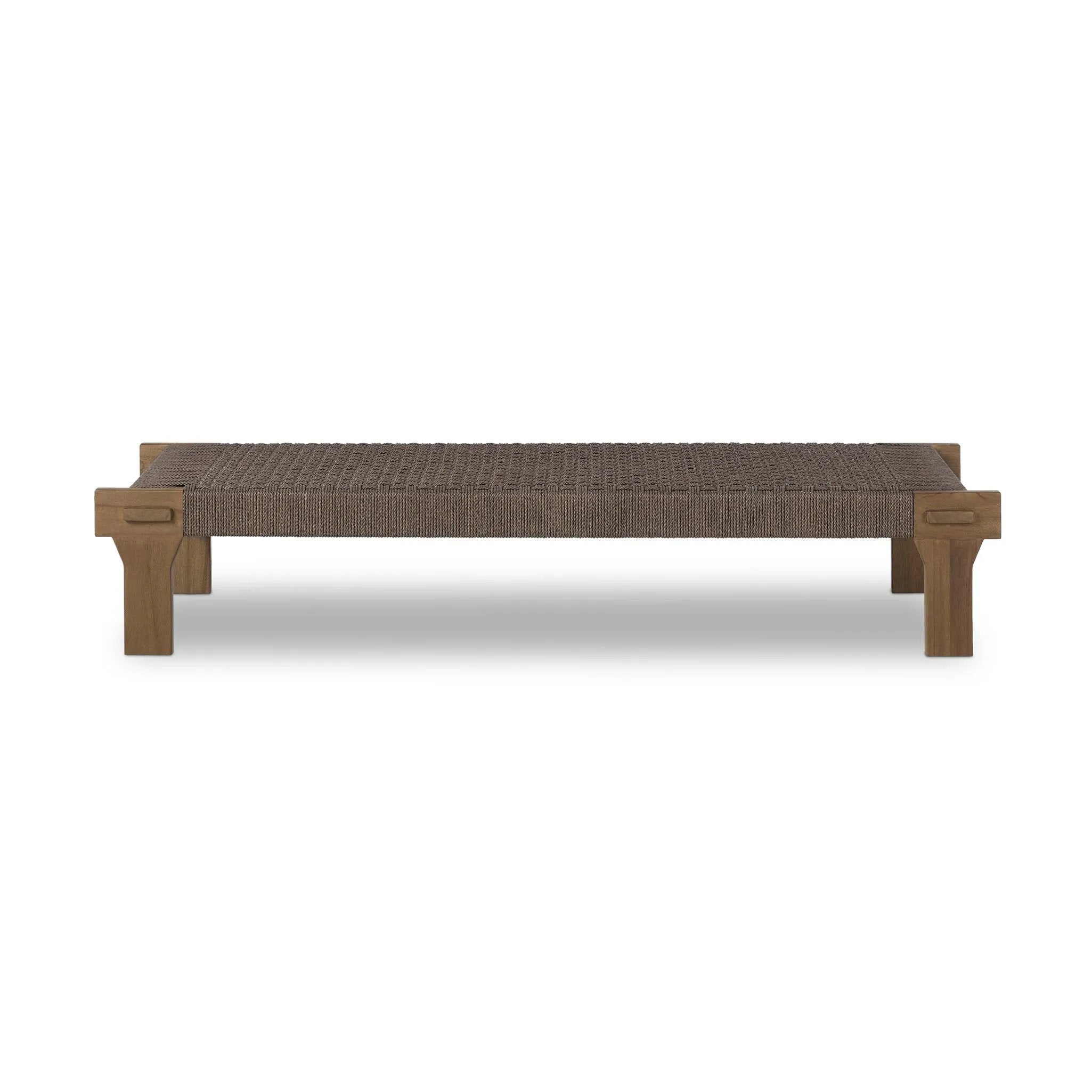 Create an outdoor space that transports you to far corners of the globe. Inspired by traditional designs found throughout Indonesia, this outdoor bench features a beautifully crafted frame made of FSC-certified solid teak with pull-through details and monochromatic weaving throughout. Amethyst Home provides interior design, new home construction design consulting, vintage area rugs, and lighting in the Des Moines metro area.