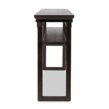 A tea house-inspired piece made from solid oak features natural cracks and graining and a warm cocoa finish Amethyst Home provides interior design, new home construction design consulting, vintage area rugs, and lighting in the Los Angeles metro area.