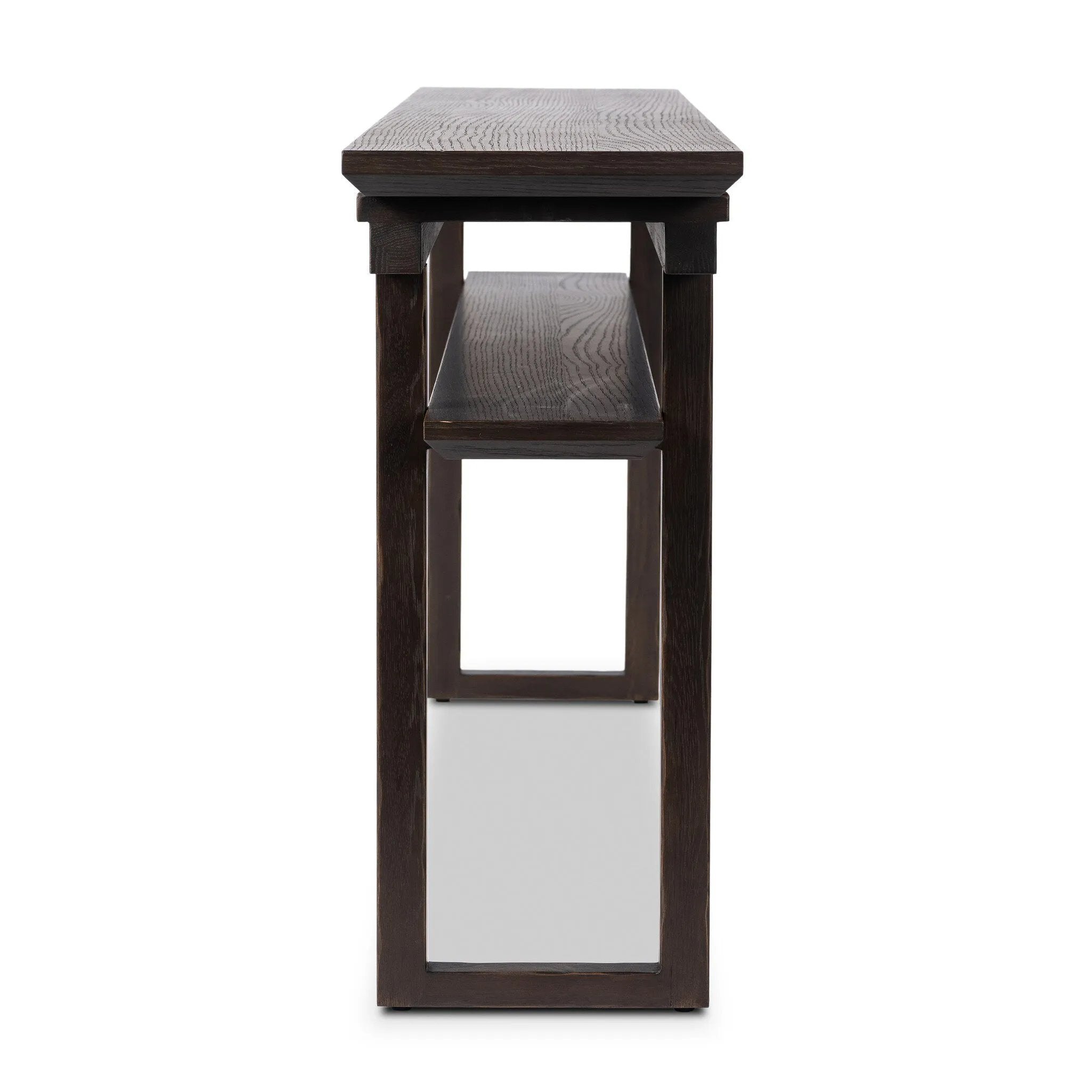 A tea house-inspired piece made from solid oak features natural cracks and graining and a warm cocoa finish Amethyst Home provides interior design, new home construction design consulting, vintage area rugs, and lighting in the Los Angeles metro area.