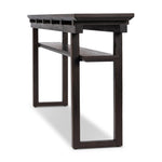 A tea house-inspired piece made from solid oak features natural cracks and graining and a warm cocoa finish Amethyst Home provides interior design, new home construction design consulting, vintage area rugs, and lighting in the Miami metro area.