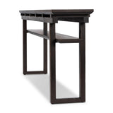 A tea house-inspired piece made from solid oak features natural cracks and graining and a warm cocoa finish Amethyst Home provides interior design, new home construction design consulting, vintage area rugs, and lighting in the Miami metro area.