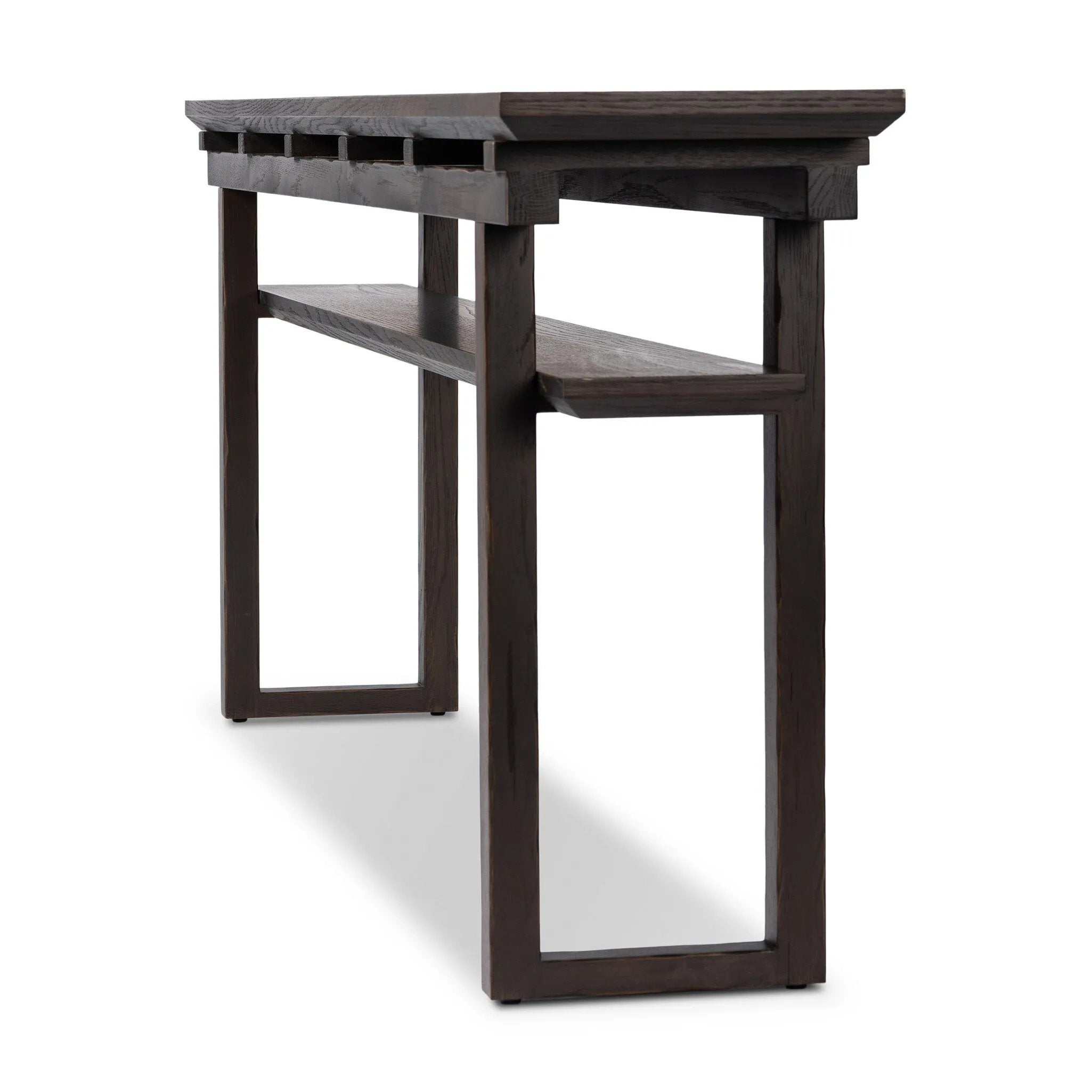 A tea house-inspired piece made from solid oak features natural cracks and graining and a warm cocoa finish Amethyst Home provides interior design, new home construction design consulting, vintage area rugs, and lighting in the Miami metro area.