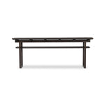 A tea house-inspired piece made from solid oak features natural cracks and graining and a warm cocoa finish Amethyst Home provides interior design, new home construction design consulting, vintage area rugs, and lighting in the Nashville metro area.