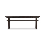 A tea house-inspired piece made from solid oak features natural cracks and graining and a warm cocoa finish Amethyst Home provides interior design, new home construction design consulting, vintage area rugs, and lighting in the Nashville metro area.
