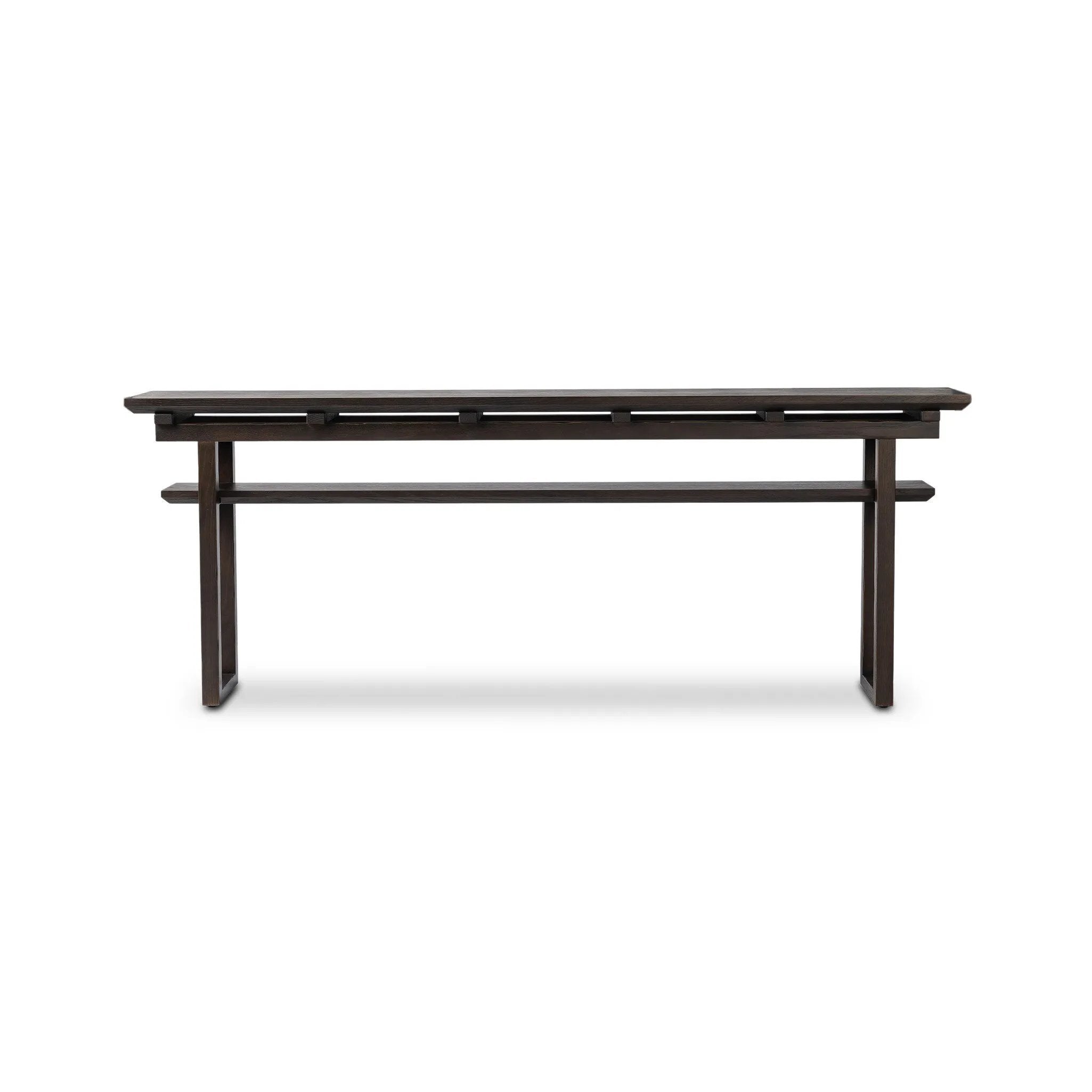 A tea house-inspired piece made from solid oak features natural cracks and graining and a warm cocoa finish Amethyst Home provides interior design, new home construction design consulting, vintage area rugs, and lighting in the Nashville metro area.