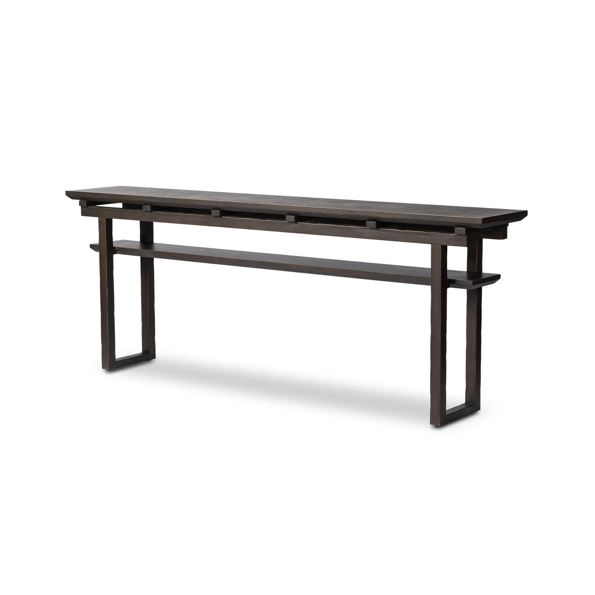 A tea house-inspired piece made from solid oak features natural cracks and graining and a warm cocoa finish Amethyst Home provides interior design, new home construction design consulting, vintage area rugs, and lighting in the Newport Beach metro area.