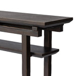 A tea house-inspired piece made from solid oak features natural cracks and graining and a warm cocoa finish Amethyst Home provides interior design, new home construction design consulting, vintage area rugs, and lighting in the Tampa metro area.