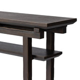 A tea house-inspired piece made from solid oak features natural cracks and graining and a warm cocoa finish Amethyst Home provides interior design, new home construction design consulting, vintage area rugs, and lighting in the Tampa metro area.
